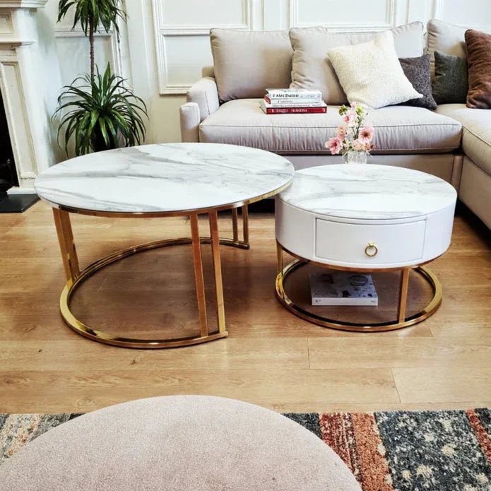 Snowy Mountain Faux Modern Marble Slate Nesting Coffee Table Set Leather Wrapped Wood Drawers - Mekamart Australia