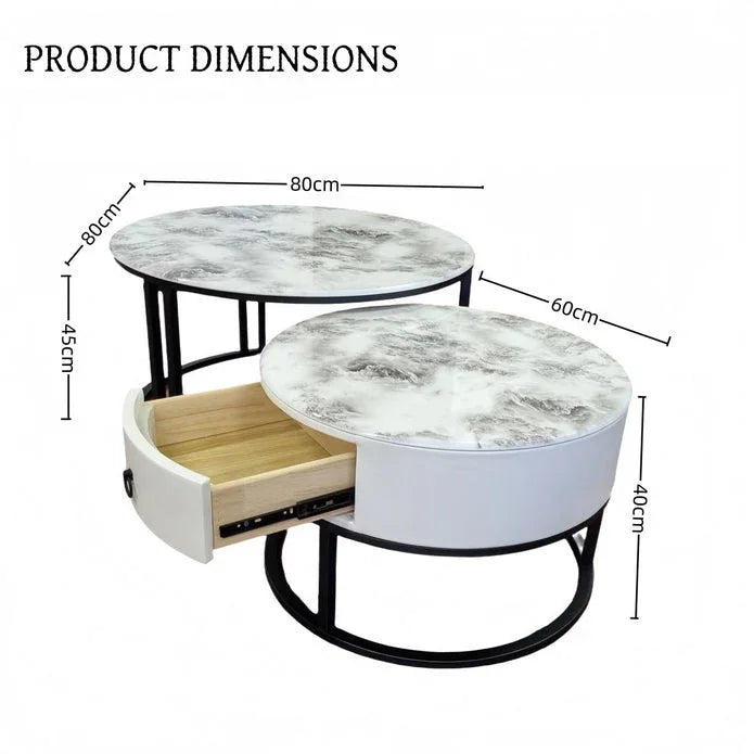 Snowy Mountain Faux Modern Marble Slate Nesting Coffee Table Set Leather Wrapped Wood Drawers - Mekamart Australia