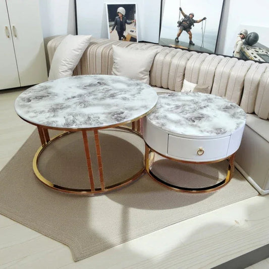 Snowy Mountain Faux Modern Marble Slate Nesting Coffee Table Set Leather Wrapped Wood Drawers - Mekamart Australia