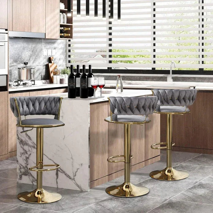 2x Height Adjustable Swivel Bar Stool Velvet Golden Base Barstools Chairs Padded Seat- Grey - Mekamart Australia