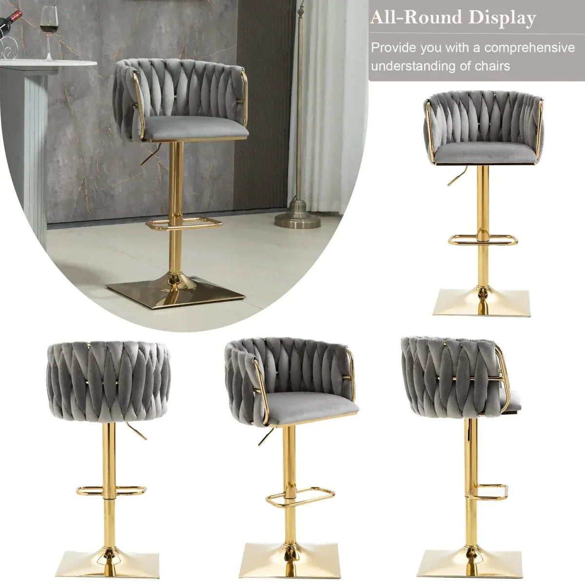 SERENITà Modern Velvet Breakfast Bar Stools Swivel Barstools Adjustable Counter Stools with Backrest Set of 2 Grey - Mekamart Australia