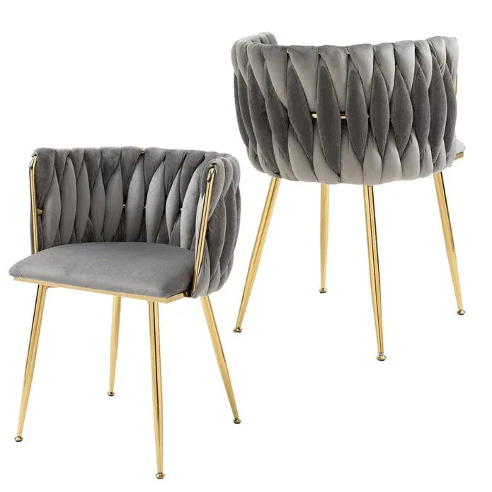 SERENITà Grey Modern Hand Weaving Dining Chairs,Velvet Upholstered Side Chairs with Gold Legs, Chic Vanity Chairs with Armrest, Accent Chair for Dining Room, and Cafe Set of 2 - Mekamart Australia