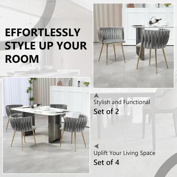SERENITà Grey Modern Hand Weaving Dining Chairs,Velvet Upholstered Side Chairs with Gold Legs, Chic Vanity Chairs with Armrest, Accent Chair for Dining Room, and Cafe Set of 2 - Mekamart Australia