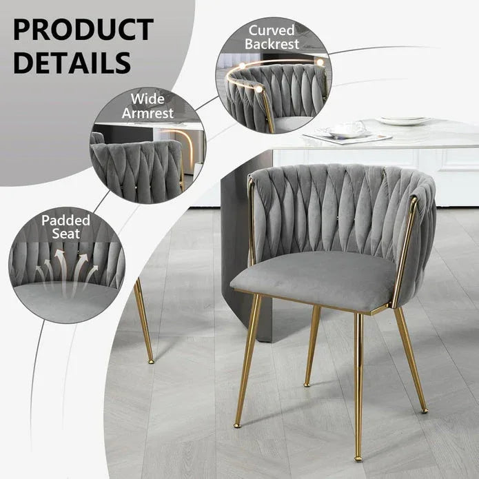 SERENITà Grey Modern Hand Weaving Dining Chairs,Velvet Upholstered Side Chairs with Gold Legs, Chic Vanity Chairs with Armrest, Accent Chair for Dining Room, and Cafe Set of 2 - Mekamart Australia