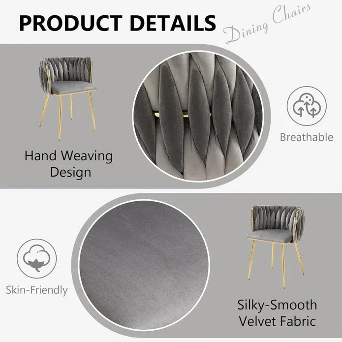 SERENITà Grey Modern Hand Weaving Dining Chairs,Velvet Upholstered Side Chairs with Gold Legs, Chic Vanity Chairs with Armrest, Accent Chair for Dining Room, and Cafe Set of 2 - Mekamart Australia