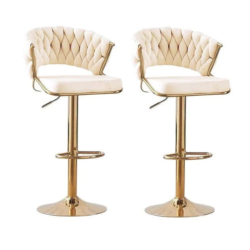 2x Height Beige Velvet Padded Golden Round Base Barstools Chairs - Mekamart Australia