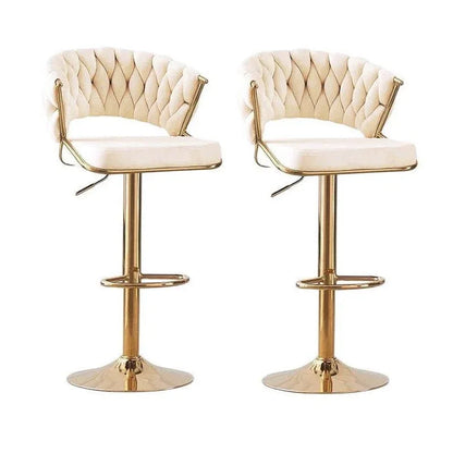 2x Height Beige Velvet Padded Golden Round Base Barstools Chairs - Mekamart Australia
