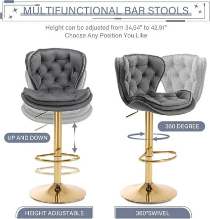 SERENITà Swivel Bar Stools Set of 2 Counter Height Barstools with Back Velvet Upholstered Adjustable Stool Chair Min Century Modern Bar Stool for Kitchen Island (Grey) - Mekamart Australia