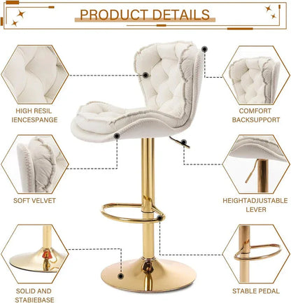 SERENITà Swivel Bar Stools Set of 2 Counter Height Barstools with Back Velvet Upholstered Adjustable Stool Chair Min Century Modern Bar Stool for Kitchen Island (Ivory) - Mekamart Australia