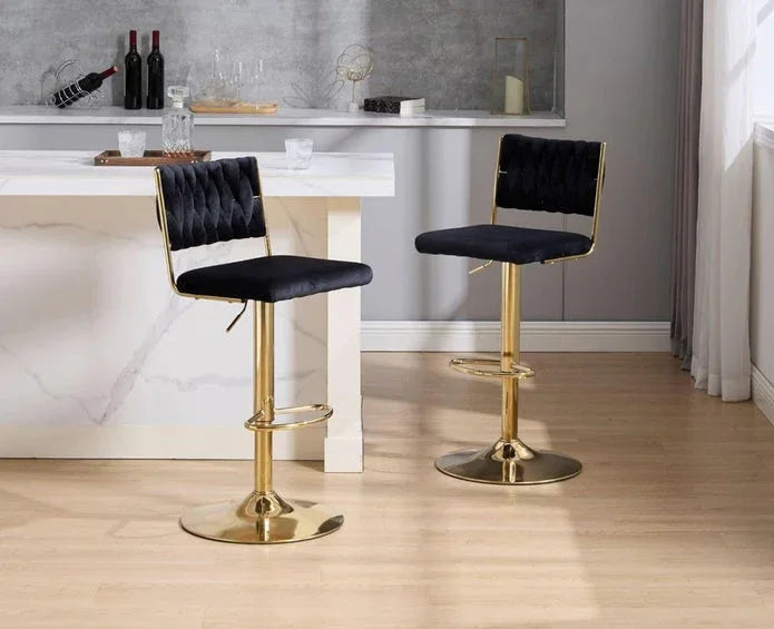 SERENITà 2x Velvet Bar Stools with Braided Back Elegant Kitchen High Chairs, Kitchen Island Stools Adjustable Height Swivel Bar Chairs with Gold Legs for Home-Black - Mekamart Australia