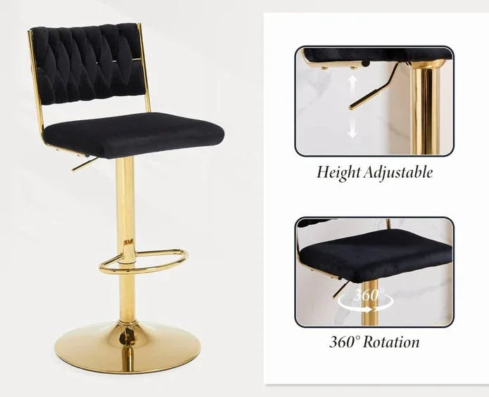 SERENITà 2x Velvet Bar Stools with Braided Back Elegant Kitchen High Chairs, Kitchen Island Stools Adjustable Height Swivel Bar Chairs with Gold Legs for Home-Black - Mekamart Australia