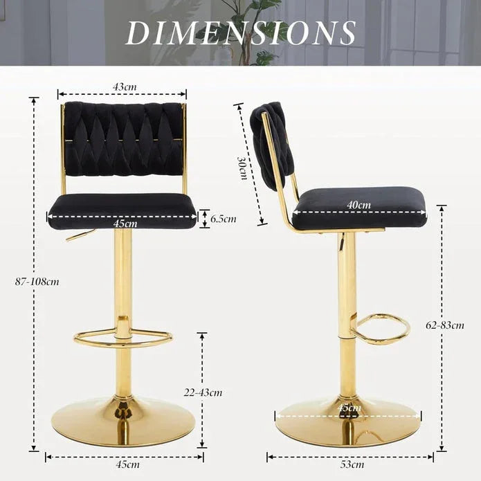 SERENITà 2x Velvet Bar Stools with Braided Back Elegant Kitchen High Chairs, Kitchen Island Stools Adjustable Height Swivel Bar Chairs with Gold Legs for Home-Black - Mekamart Australia