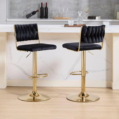 SERENITà 2x Velvet Bar Stools with Braided Back Elegant Kitchen High Chairs, Kitchen Island Stools Adjustable Height Swivel Bar Chairs with Gold Legs for Home-Black - Mekamart Australia