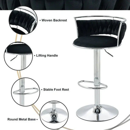 SERENITà Silver Swivel Upholstered Velvet Adjustable Height Counter Stool with Metal Frame Black (Set of 2) - Mekamart Australia