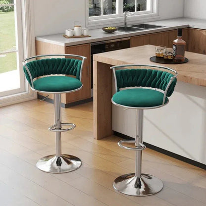SERENITà Silver Swivel Upholstered Velvet Adjustable Height Counter Stool with Metal Frame Emerald Green (Set of 2) - Mekamart Australia