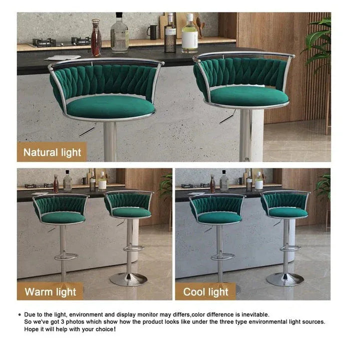 SERENITà Silver Swivel Upholstered Velvet Adjustable Height Counter Stool with Metal Frame Emerald Green (Set of 2) - Mekamart Australia