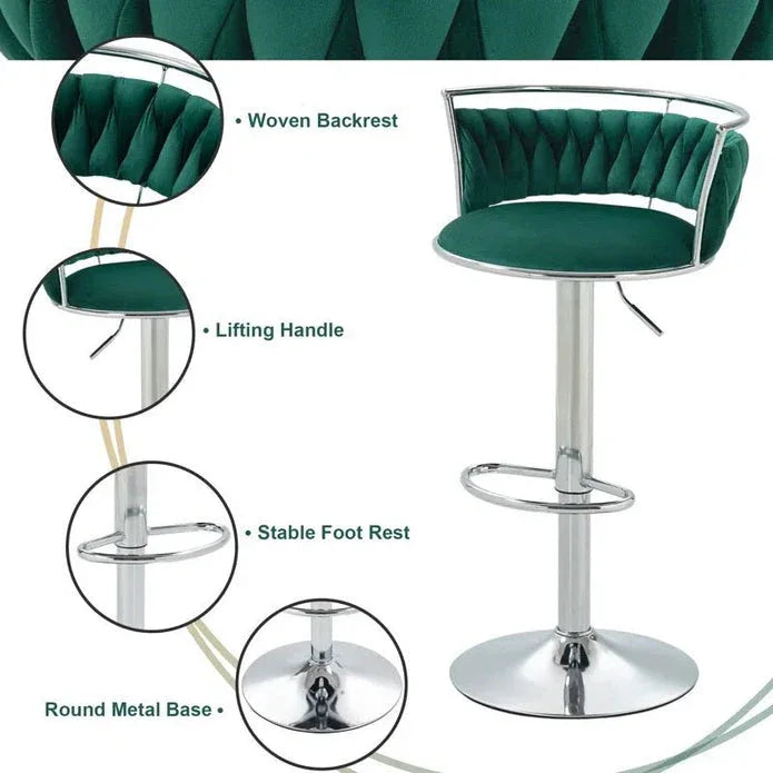 SERENITà Silver Swivel Upholstered Velvet Adjustable Height Counter Stool with Metal Frame Emerald Green (Set of 2) - Mekamart Australia