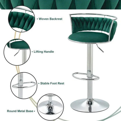 SERENITà Silver Swivel Upholstered Velvet Adjustable Height Counter Stool with Metal Frame Emerald Green (Set of 2) - Mekamart Australia