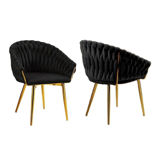 SERENITà Black Modern Velvet Dining Chairs, Upholstered Living Room Chair with Woven Back and Golden Metal Legs, Mid-Century Accent Set of 2(BLACK) - Mekamart Australia