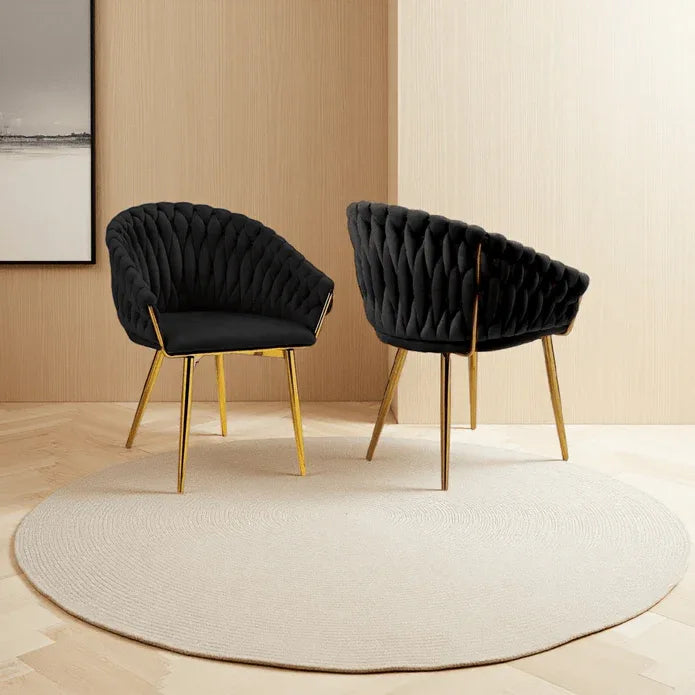SERENITà Black Modern Velvet Dining Chairs, Upholstered Living Room Chair with Woven Back and Golden Metal Legs, Mid-Century Accent Set of 2(BLACK) - Mekamart Australia