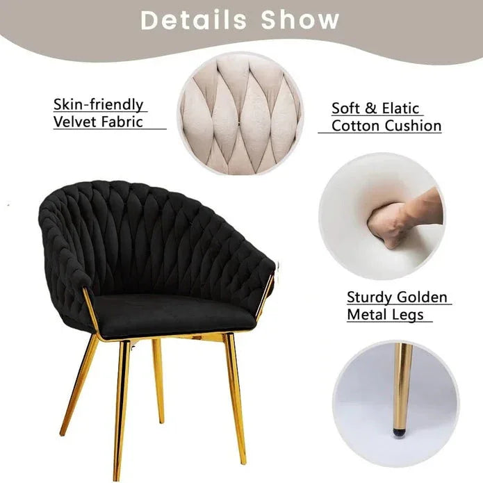 SERENITà Black Modern Velvet Dining Chairs, Upholstered Living Room Chair with Woven Back and Golden Metal Legs, Mid-Century Accent Set of 2(BLACK) - Mekamart Australia