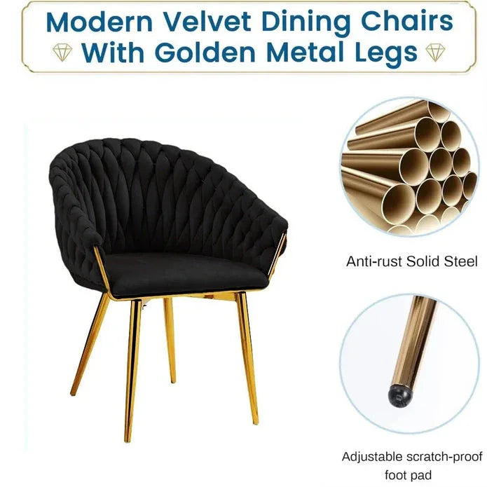 SERENITà Black Modern Velvet Dining Chairs, Upholstered Living Room Chair with Woven Back and Golden Metal Legs, Mid-Century Accent Set of 2(BLACK) - Mekamart Australia