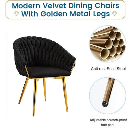 SERENITà Black Modern Velvet Dining Chairs, Upholstered Living Room Chair with Woven Back and Golden Metal Legs, Mid-Century Accent Set of 2(BLACK) - Mekamart Australia