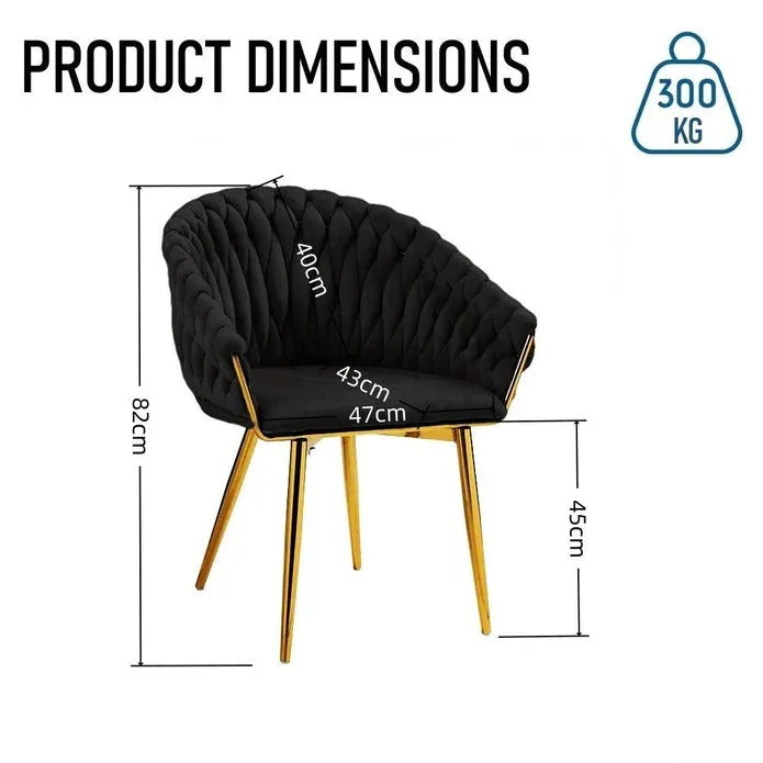SERENITà Black Modern Velvet Dining Chairs, Upholstered Living Room Chair with Woven Back and Golden Metal Legs, Mid-Century Accent Set of 2(BLACK) - Mekamart Australia