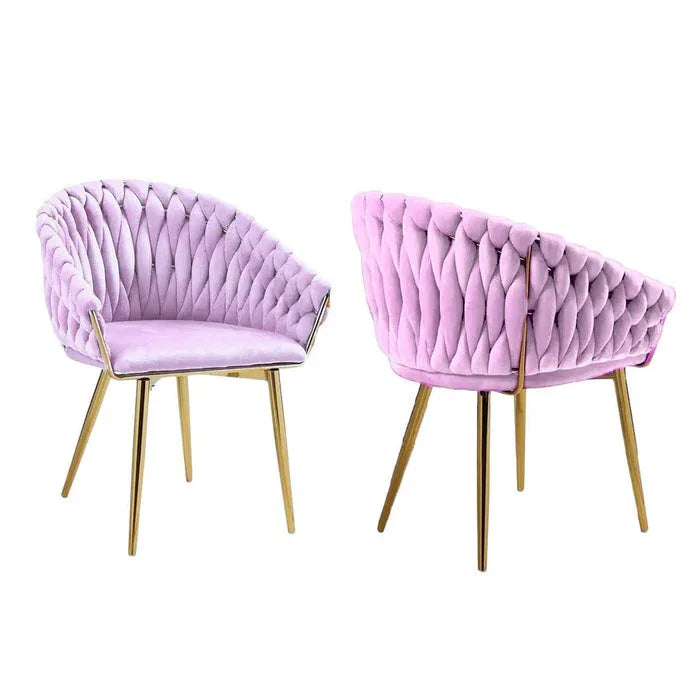SERENITà Pink Modern Velvet Dining Chairs, Upholstered Living Room Chair with Woven Back and Golden Metal Legs, Mid-Century Accent Set of 2(Pink) - Mekamart Australia
