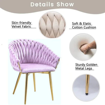 SERENITà Pink Modern Velvet Dining Chairs, Upholstered Living Room Chair with Woven Back and Golden Metal Legs, Mid-Century Accent Set of 2(Pink) - Mekamart Australia