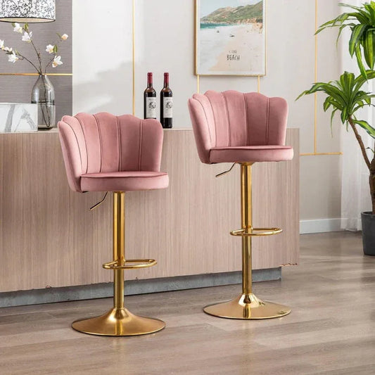 SERENITà Swivel Bar Stools Bar Height Set of 2 Adjustable Upholstered Counter Barstool Velvet Bar Chairs with Back/Gold Base for Kitchen Island/Bar/Cafe-Pink - Mekamart Australia