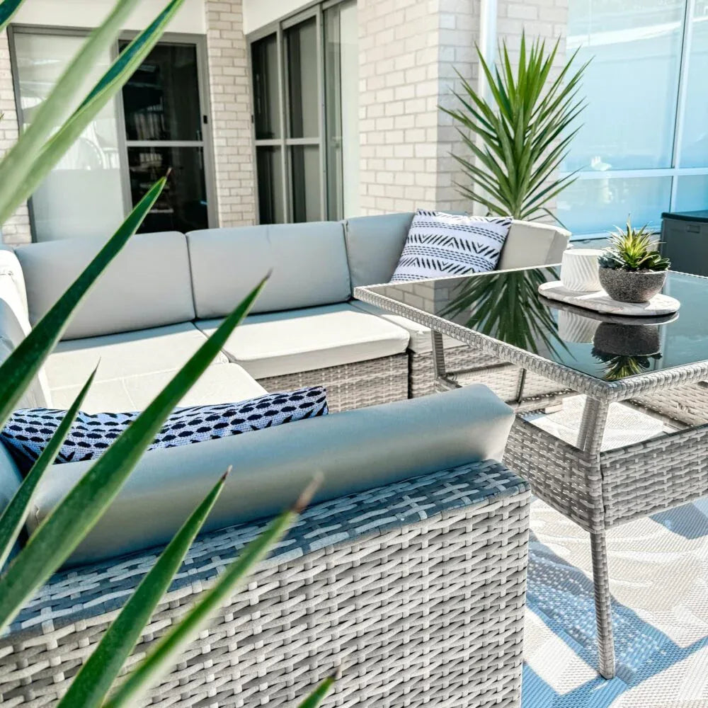 8PC Outdoor Dining Set Wicker Table &amp; Chairs-Grey - Mekamart Australia