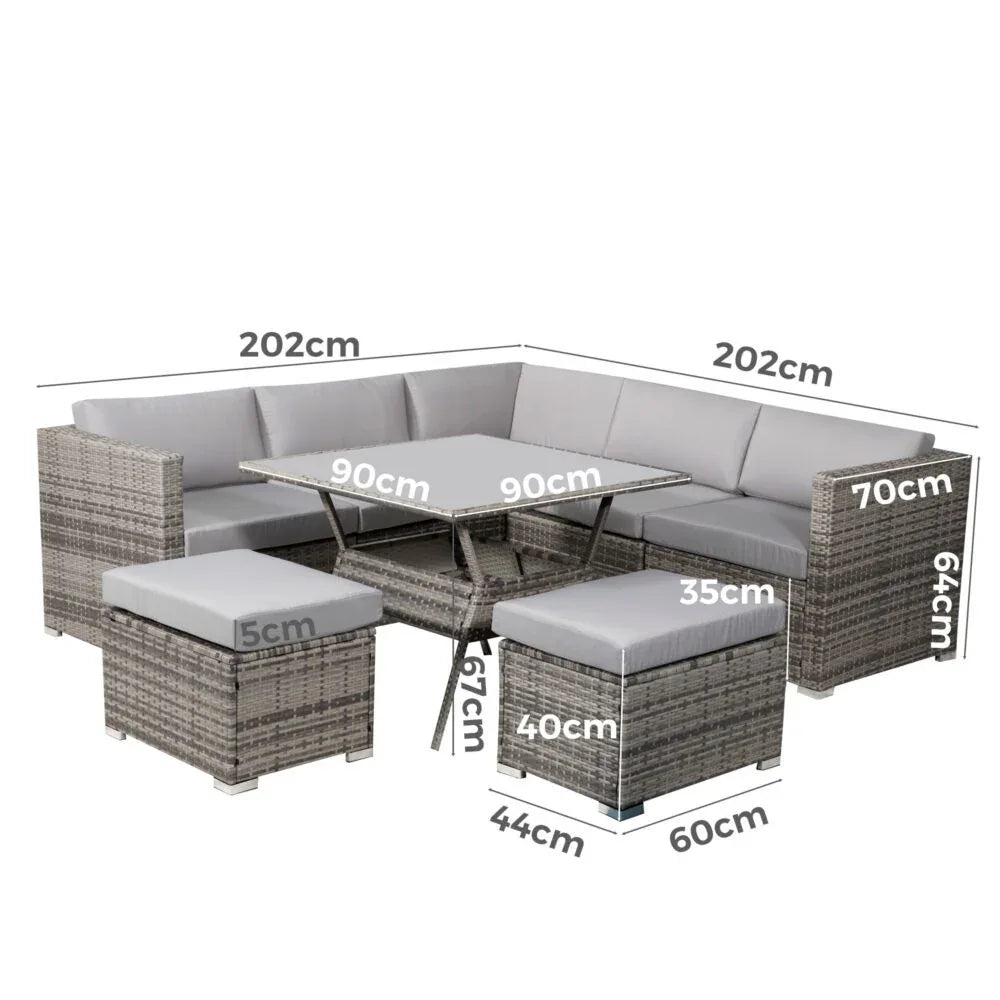 8PC Outdoor Dining Set Wicker Table &amp; Chairs-Grey - Mekamart Australia