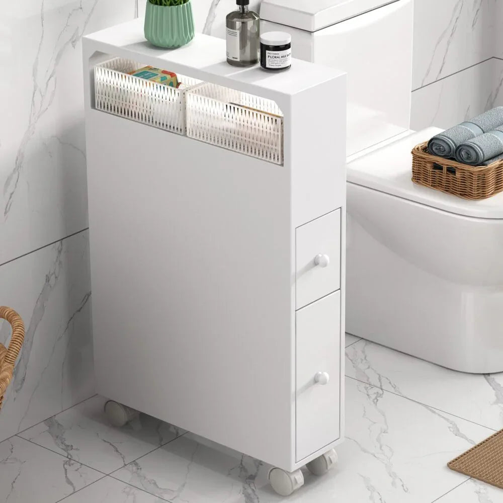 Removable Bathroom Side Cabinet Toilet Caddy with Storage Drawers- White - Mekamart Australia