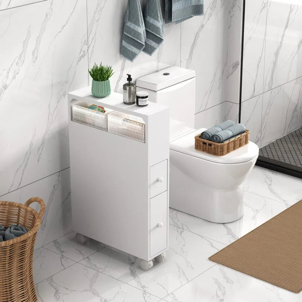 Removable Bathroom Side Cabinet Toilet Caddy with Storage Drawers- White - Mekamart Australia