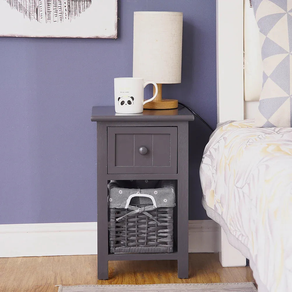 Grey Bedside Table with Wicker Basket - Mekamart Australia