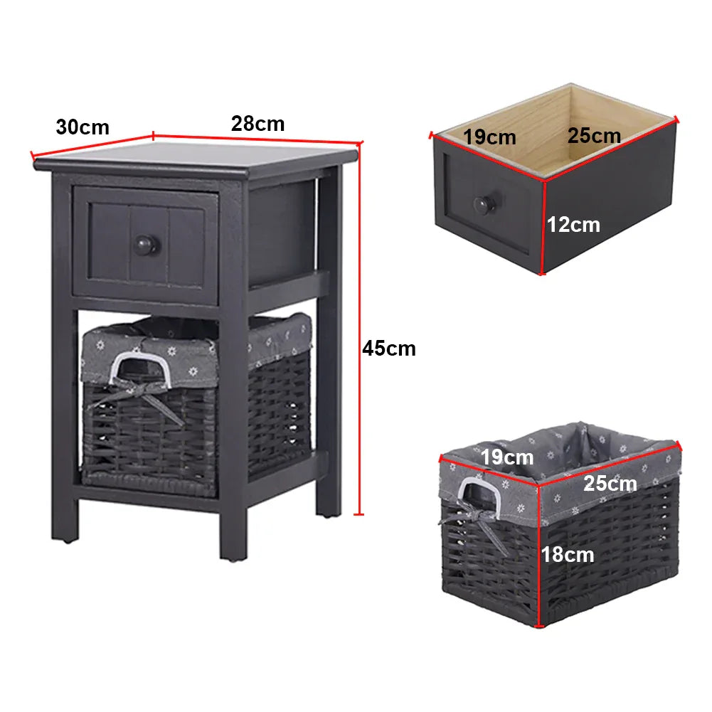 Grey Bedside Table with Wicker Basket - Mekamart Australia