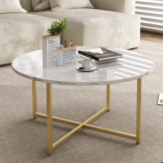 White Marble Effect Round Coffee Table with Gold Legs - Mekamart Australia