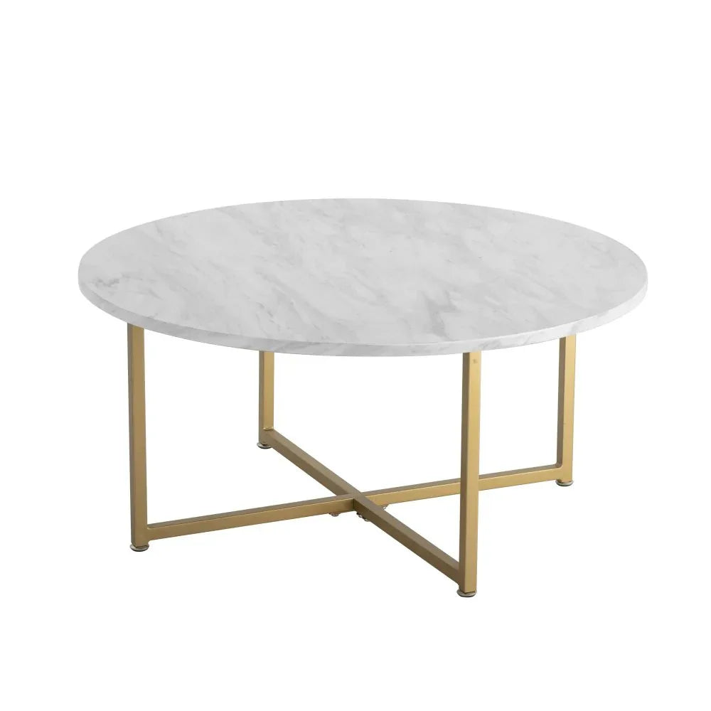 White Marble Effect Round Coffee Table with Gold Legs - Mekamart Australia