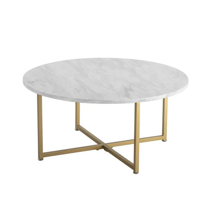 White Marble Effect Round Coffee Table with Gold Legs - Mekamart Australia