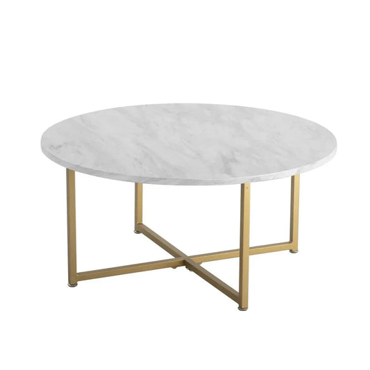 White Marble Effect Round Coffee Table with Gold Legs - Mekamart Australia