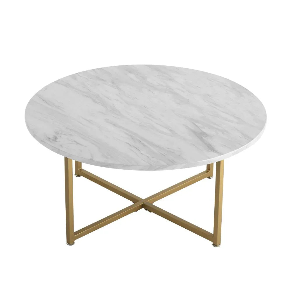 White Marble Effect Round Coffee Table with Gold Legs - Mekamart Australia