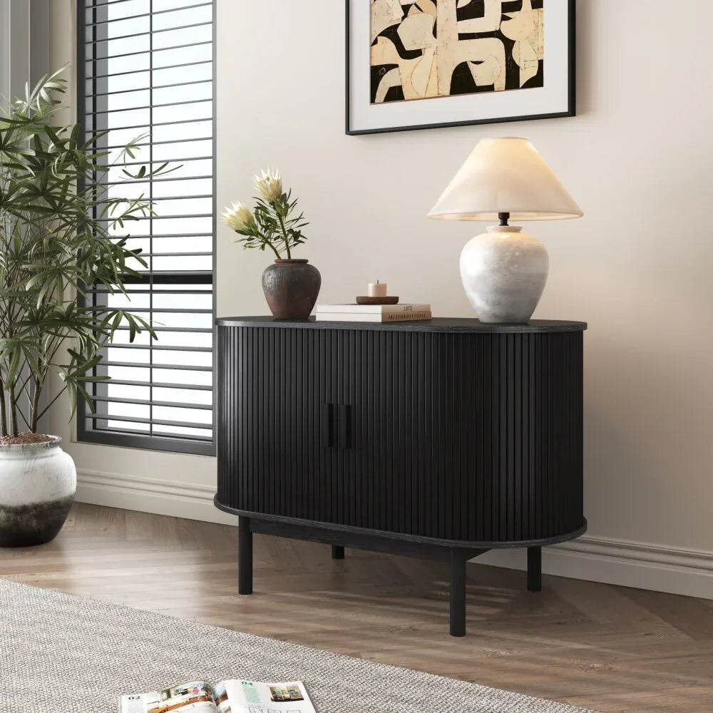Mid-Century Black Ribbed Sideboard Cabinet - Mekamart Australia