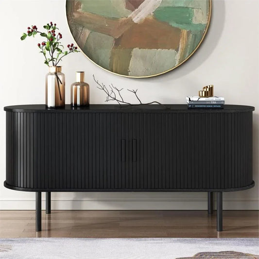 Ribbed Black Sideboard with Sliding Doors - Mekamart Australia
