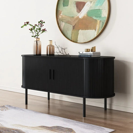 Ribbed Black Sideboard with Sliding Doors - Mekamart Australia