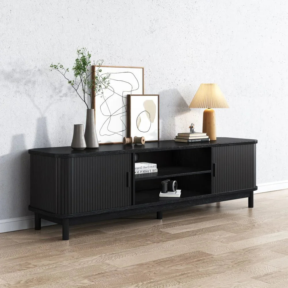 160cm Ribbed Black Entertainment Unit - Mekamart Australia