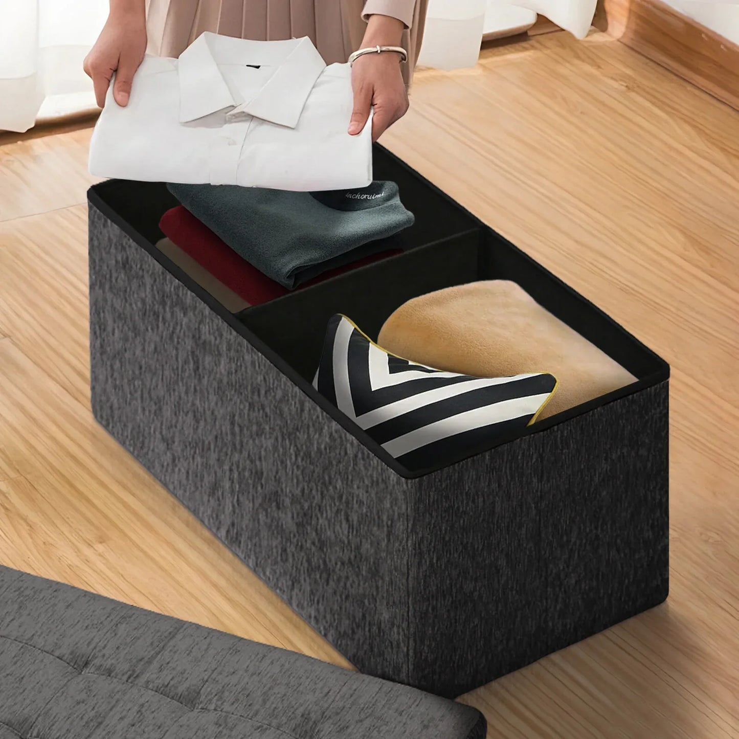 Foldable Storage Ottoman - Flip Lid Side Table Toy Blanket Organiser Seat KIRA BLACK