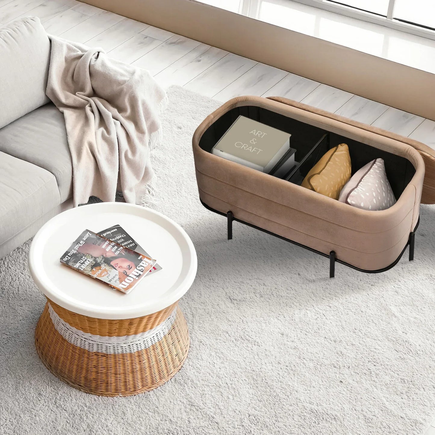 La Bella Coffee Table Storage Ottoman - Velvet Blanket Box Bench DEMI - CAMEL BEIGE - Mekamart Australia