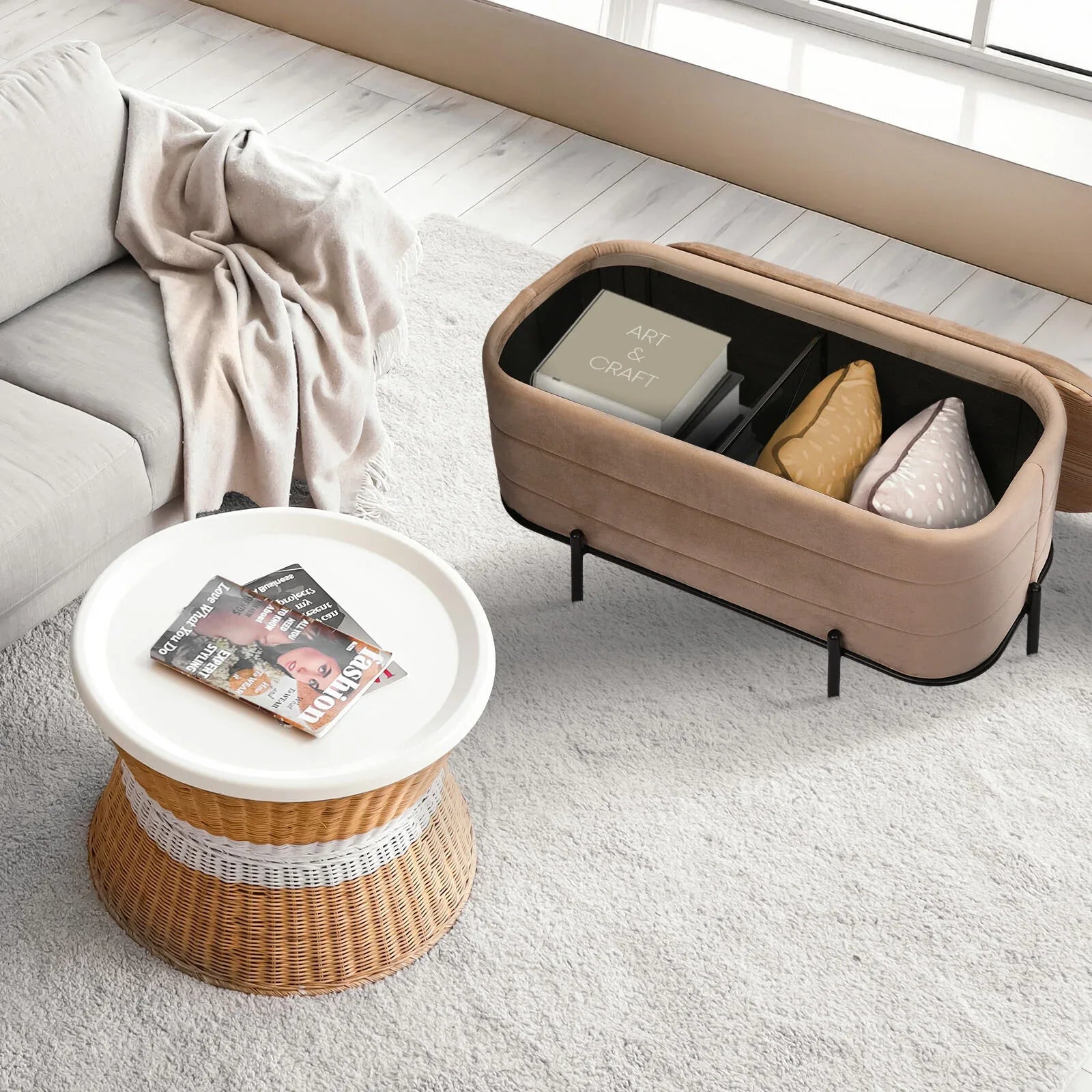 La Bella Coffee Table Storage Ottoman - Velvet Blanket Box Bench DEMI - CAMEL BEIGE - Mekamart Australia