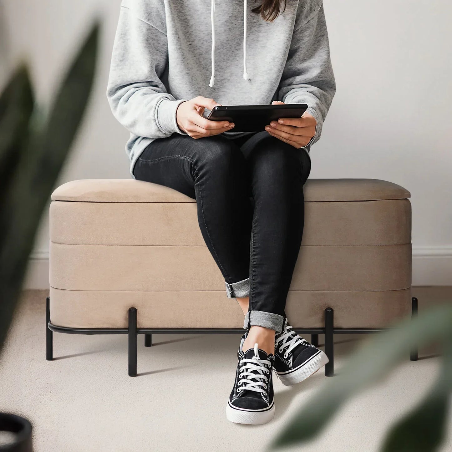 La Bella Coffee Table Storage Ottoman - Velvet Blanket Box Bench DEMI - CAMEL BEIGE - Mekamart Australia